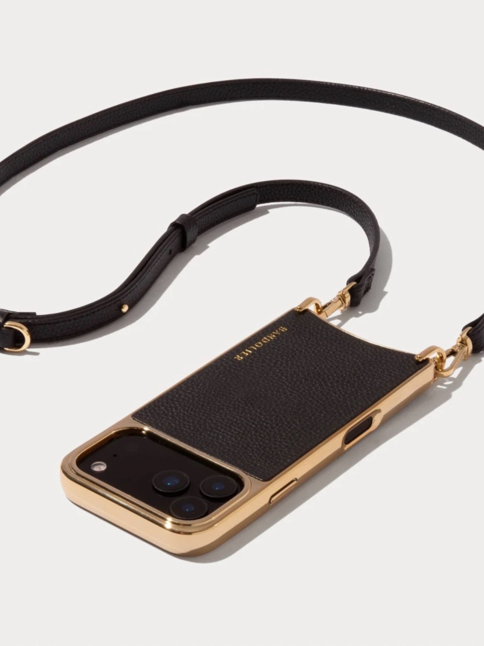 Bandolier RAYNA Black/Gold Leather Crossbody Phone Case w/Strap iPhone 17 pro